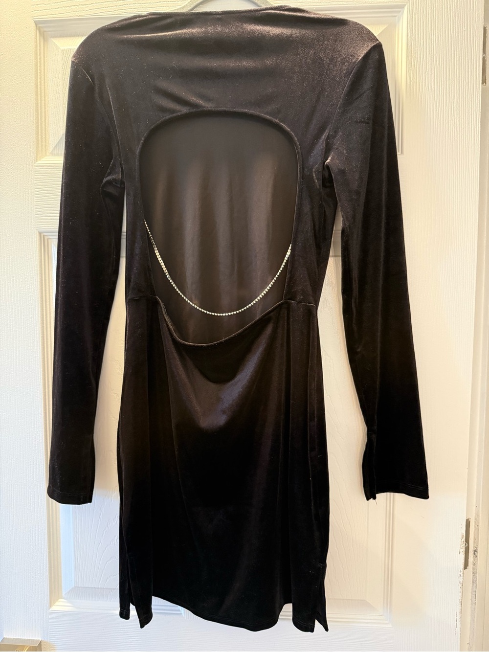 H&M Black Velvet Long-Sleeve Open-Back Dress with Chain Detail